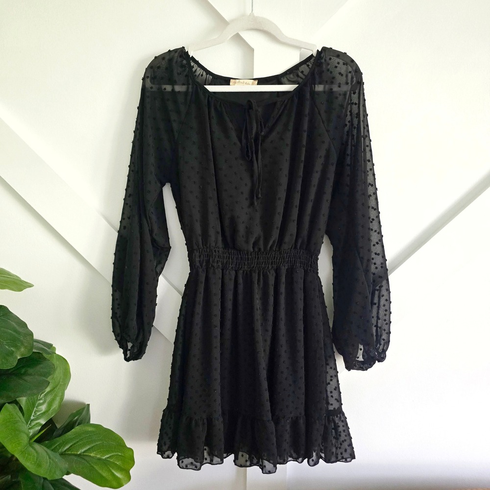 Altar'd State Mini Dress Women Small Black Swiss Dot Smocked Long Sleeve Boho